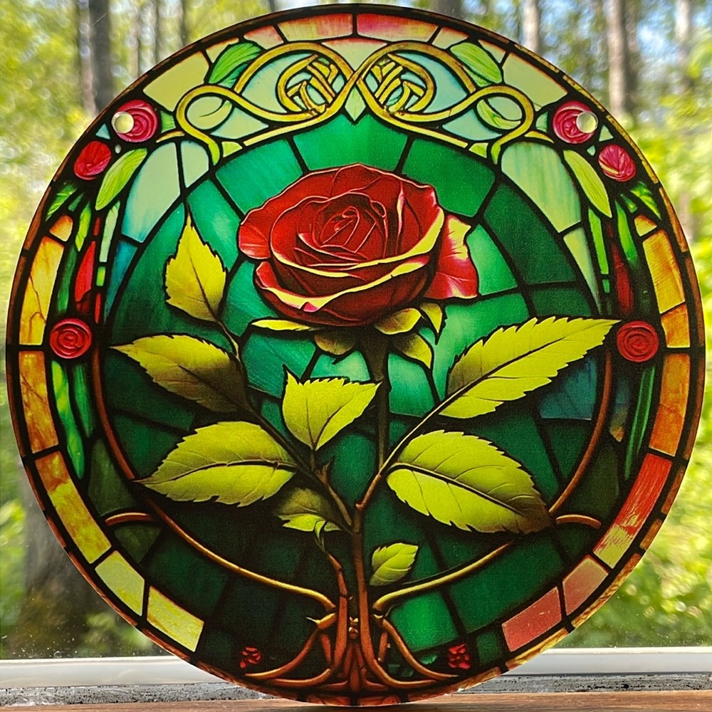 Suncatcher Acrylic Floral Red Rose Round Decoration 6” Faux Stained Glass Gifts